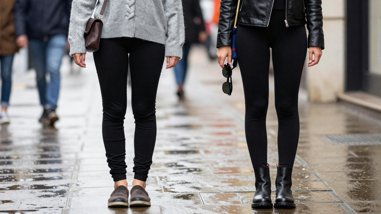 Two people standing on a wet city sidewalk wearing black leggings and different footwear, one with a grey sweater and the oth