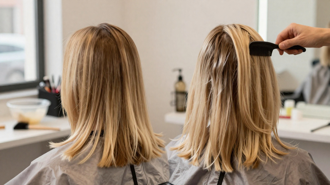 Two blonde women sitting in salon chairs having their hair styled, with a hand combing one woman's hair.