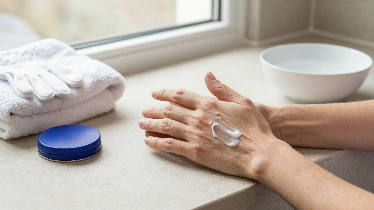 Person applying hand cream with white gloves, towel, and a bowl on a windowsill surface nearby