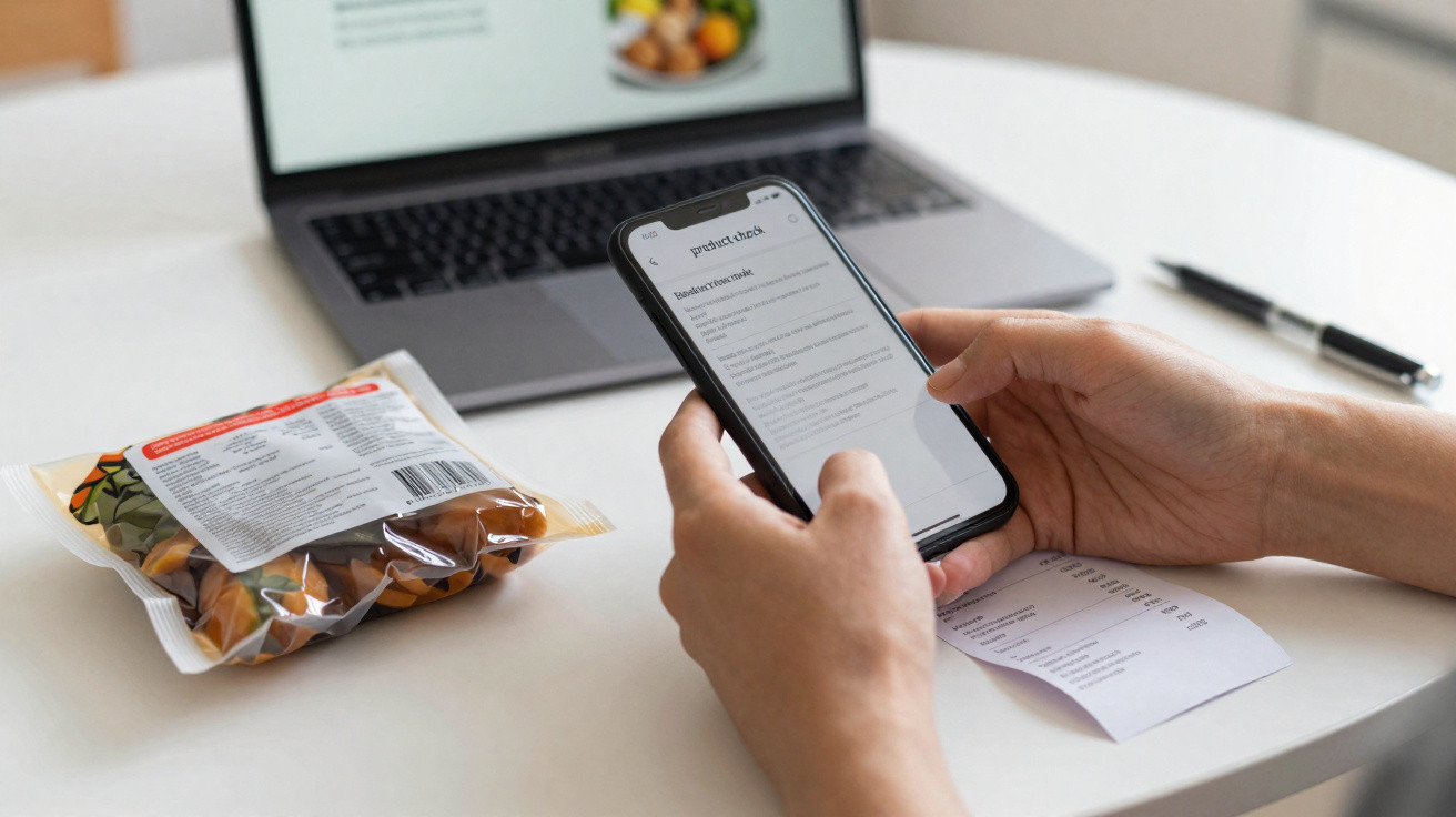 Hands holding a smartphone with a recipe app, next to a recipe printout, packaged food, and a laptop on a white table.