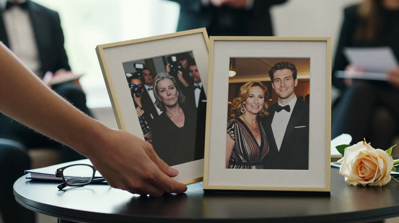 Two framed photos on a table at a memorial, with a hand adjusting one frame and a single white rose nearby.