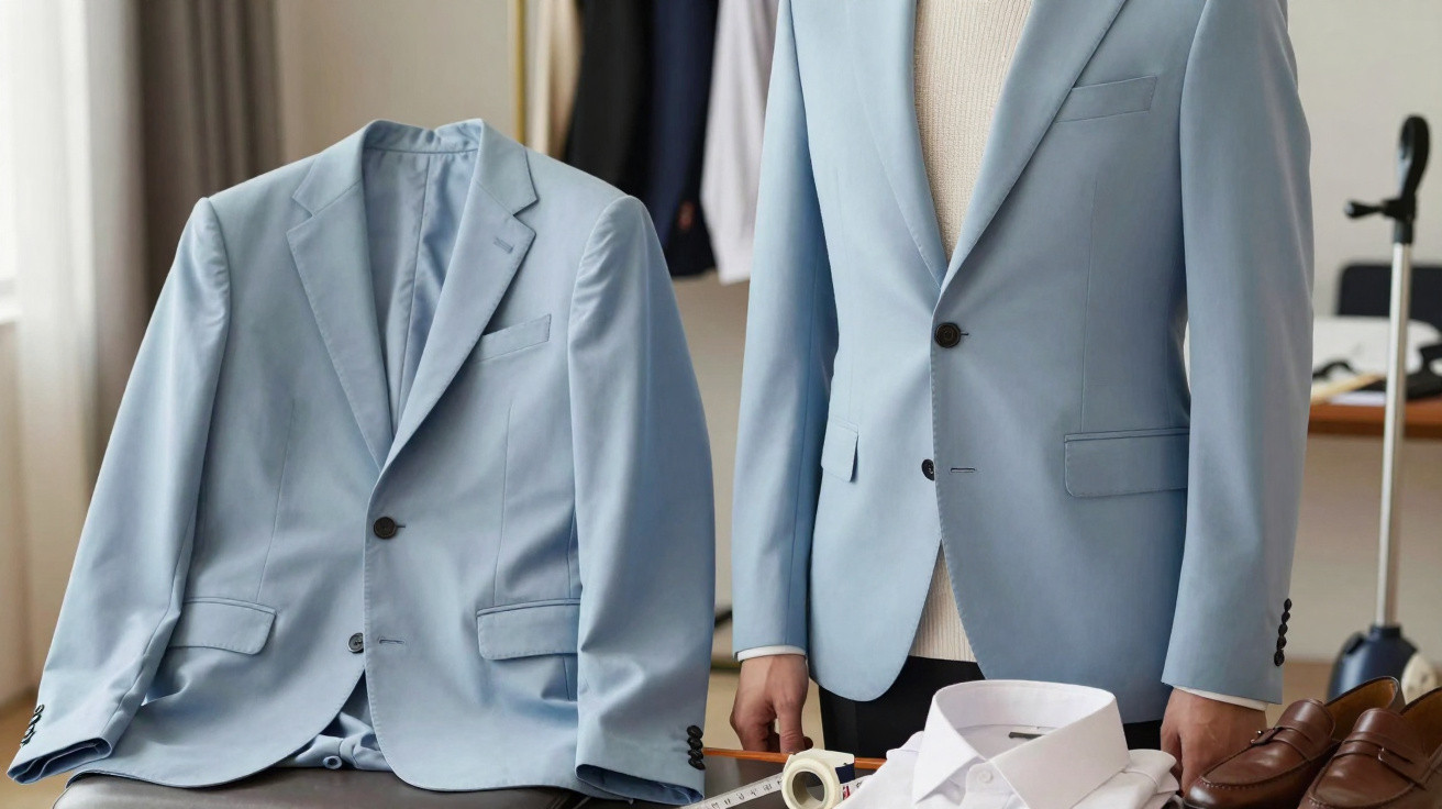 Light blue blazer on a mannequin next to a person wearing a matching blazer in a tailor’s workshop.