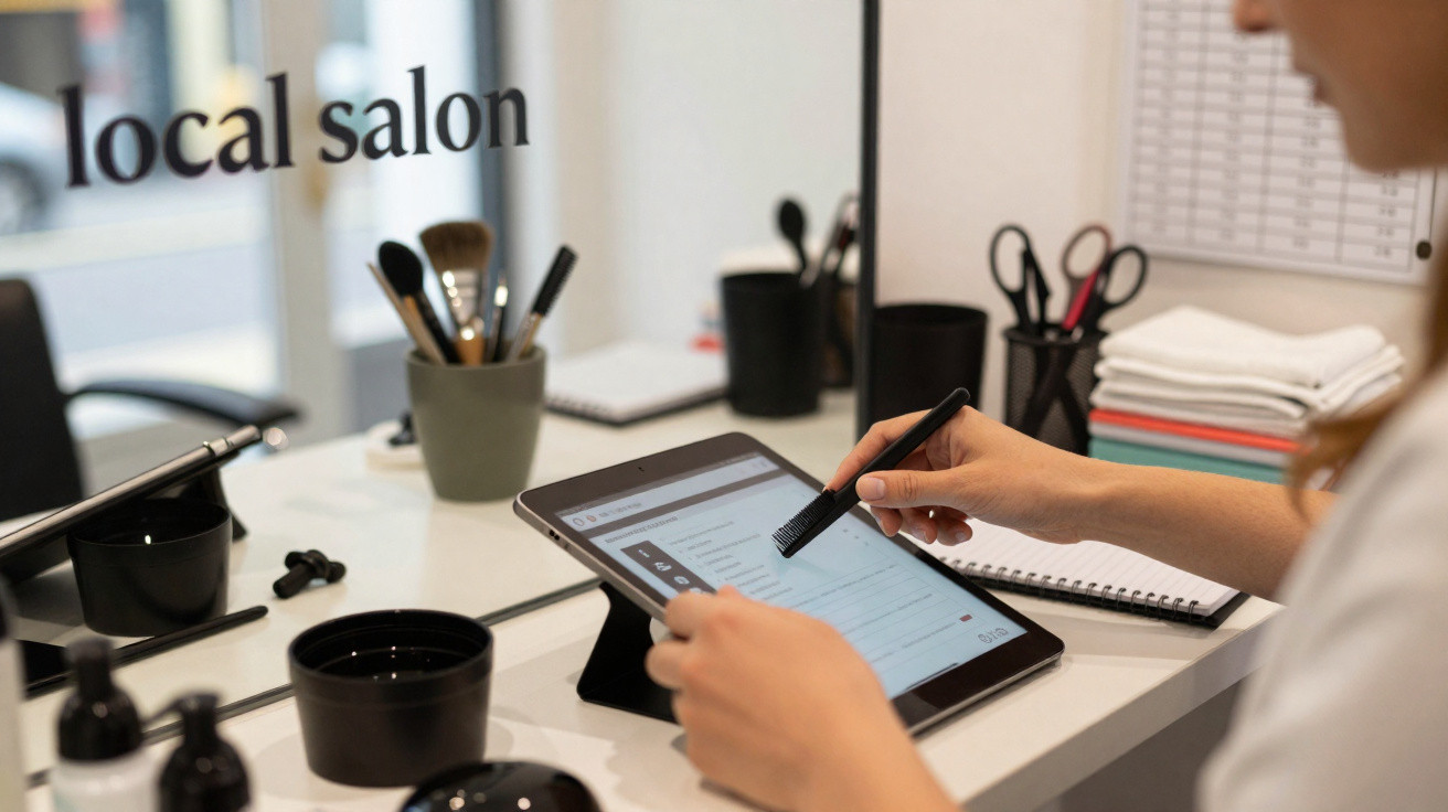 Person using a tablet with a stylus in a local salon with makeup brushes and salon tools on the counter.
