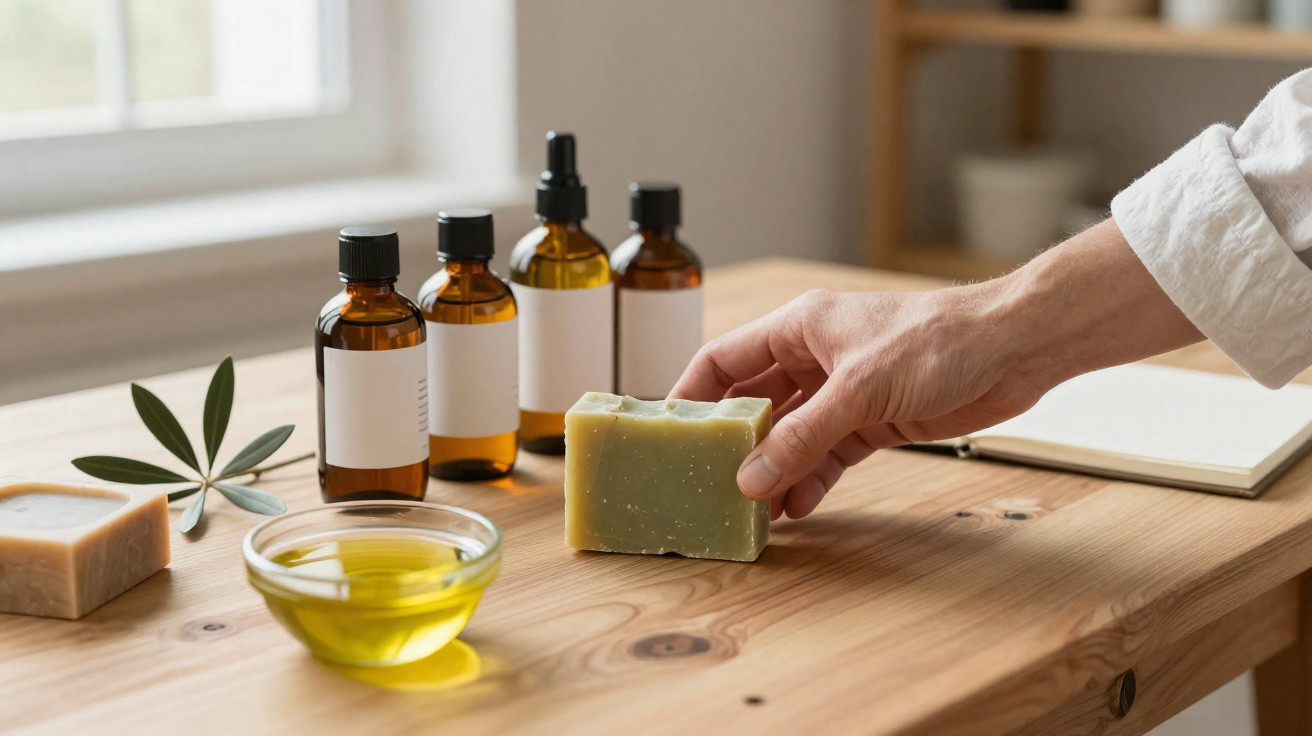 Hand holding a green soap bar on a wooden table with bottles, another soap, a bowl of oil, and a leaf nearby.