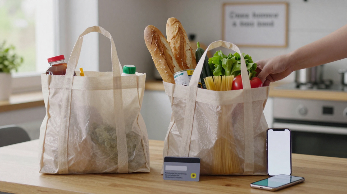 Two reusable shopping bags filled with groceries, a credit card and a smartphone on a kitchen table.