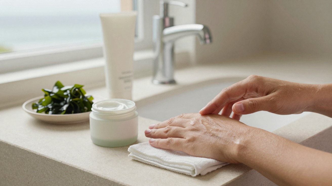 Hands applying cream on a white cloth near a bathroom sink with skincare products and green leaves nearby