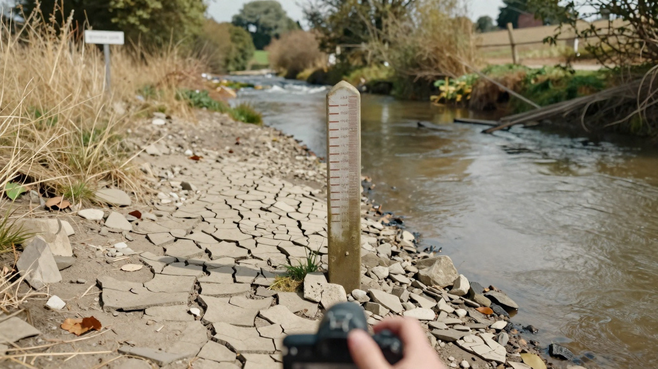 Dry cracked riverbank with water level gauge beside flowing river under clear sky