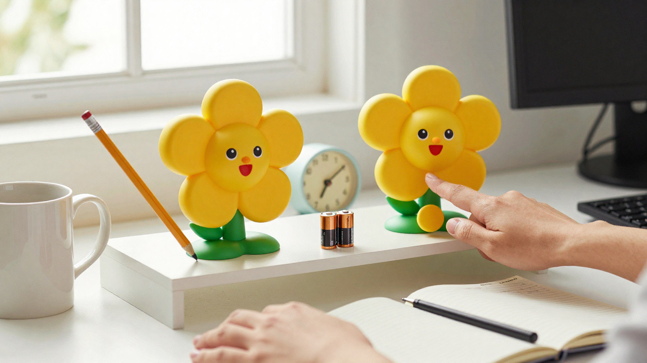 Two yellow smiling flower-shaped desk fans, a pencil, two batteries, and a hand touching one fan on a white desk.