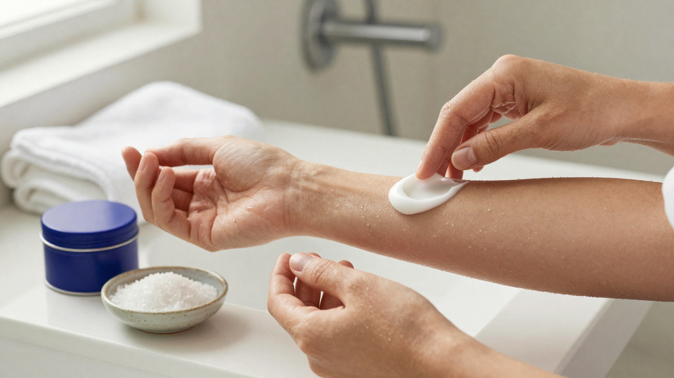 Person applying white cream on their forearm with skincare products and towel nearby on a countertop.