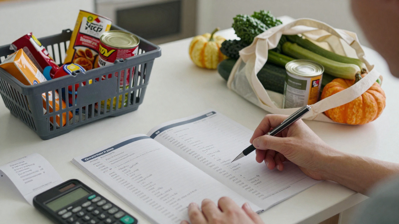 Person calculating grocery expenses with receipt, calculator, and fresh and canned foods on table
