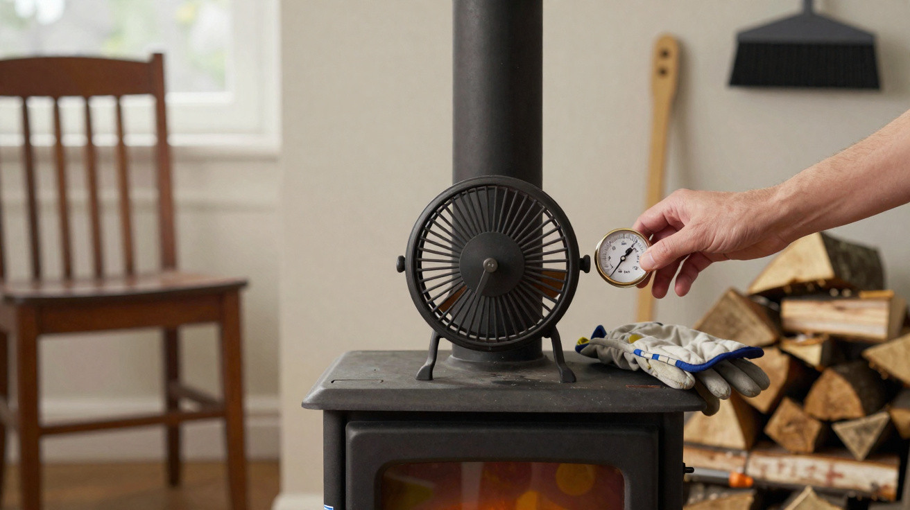 Hand holding a thermometer gauge near a black wood-burning stove with a fan and firewood stacked nearby.