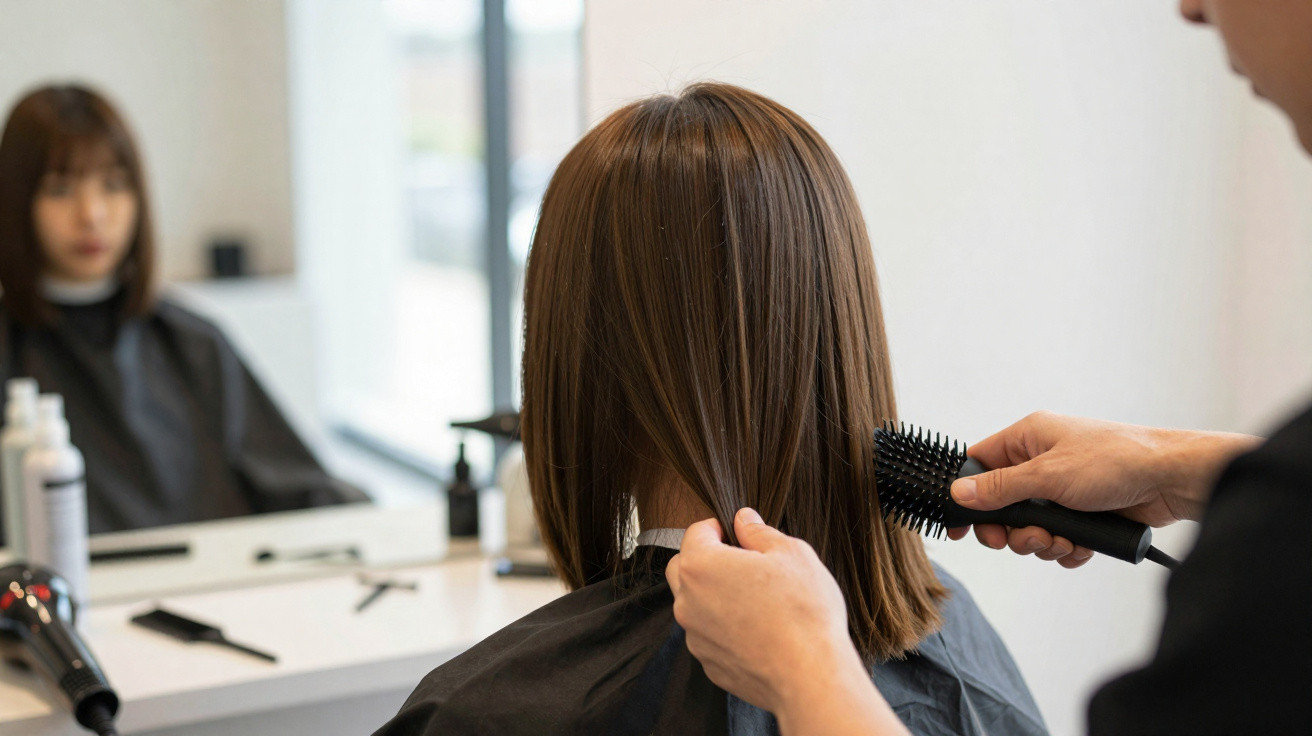 Hairdresser brushing a woman's medium-length brown hair in a salon with the client visible in the mirror.