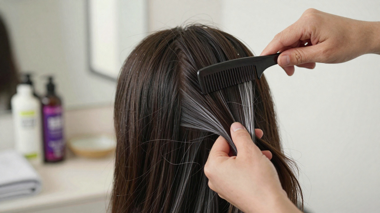 Hands combing dark brown hair with grey strands using a black comb in a bathroom setting.