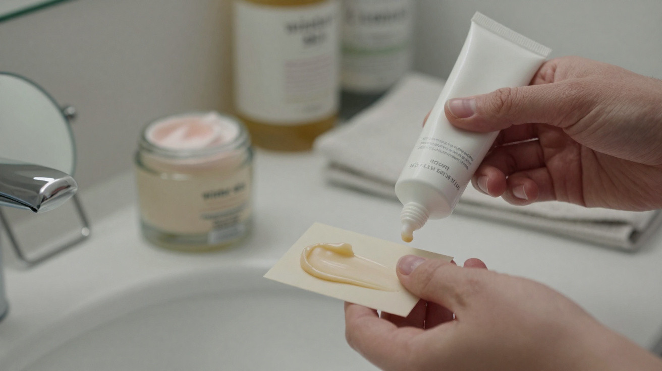 Hands squeezing cream from a tube onto a small card over a bathroom sink with skincare products in the background