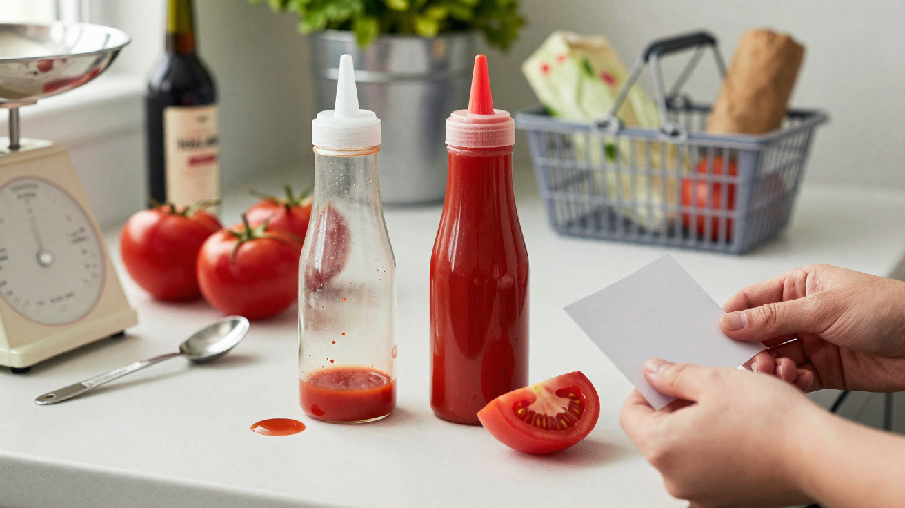 Two bottles of tomato sauce on a kitchen counter with fresh tomatoes and hands holding a recipe card.