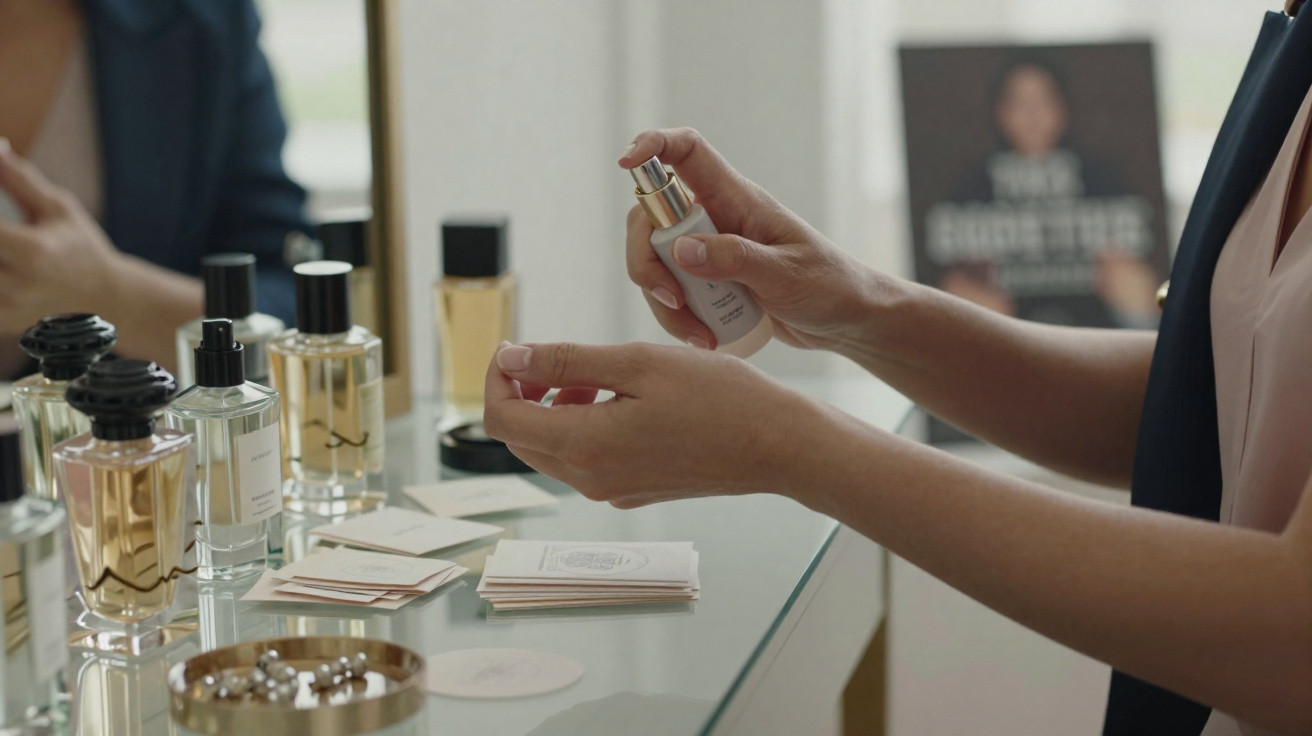 Person spraying perfume on wrist at a glass table with various perfume bottles and cards.