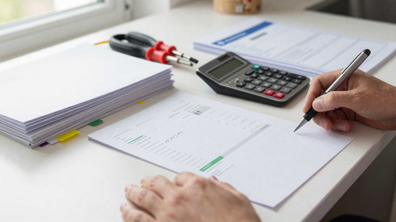 Person writing on document at desk with calculator, papers, and screwdriver set nearby