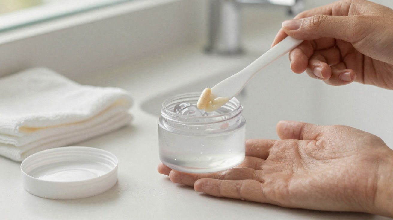Hands holding a small jar of clear gel with a white spatula scooping cream over a white countertop.