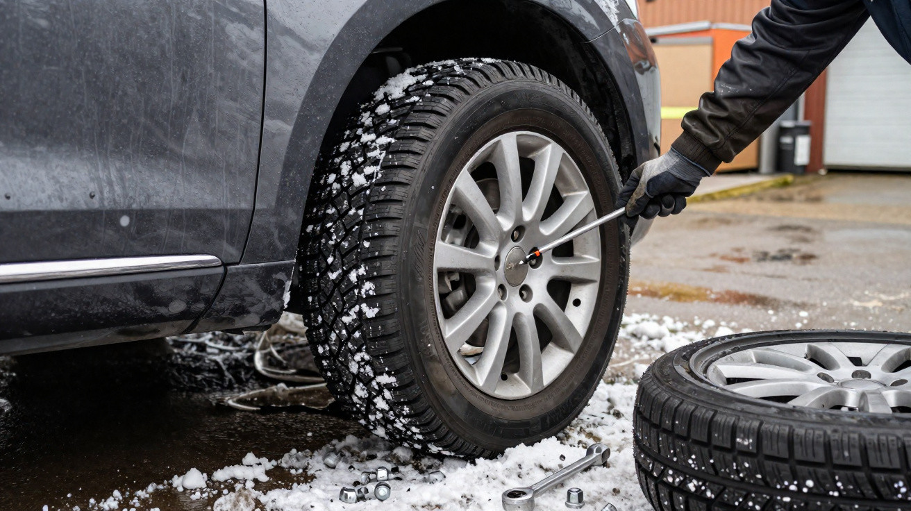 Person changing a snow-covered winter tyre on a grey car in a wet outdoor setting.