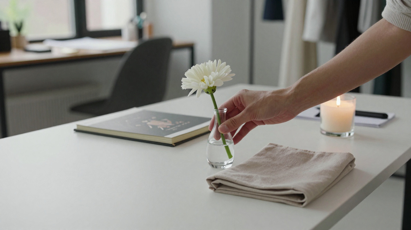 Hand placing a single white flower in a small glass vase on a table with a folded cloth and lit candle.