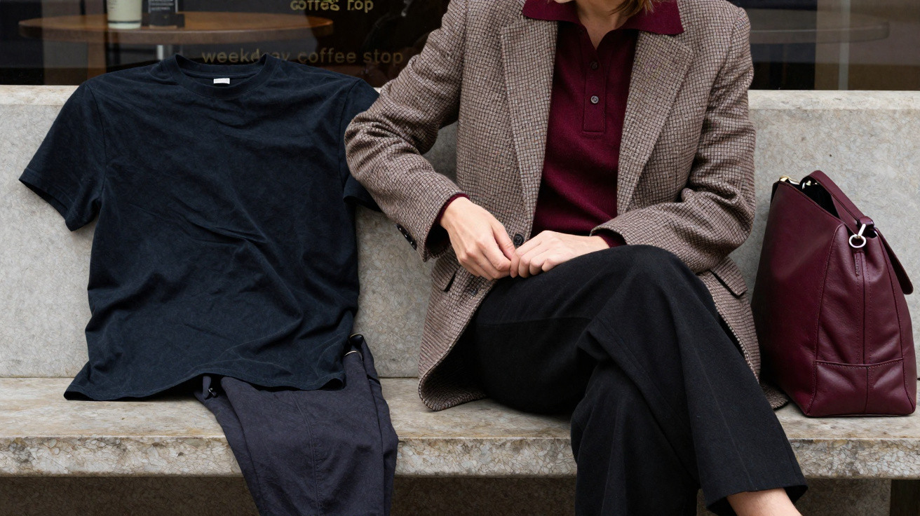 Person sitting on a stone bench next to a black t-shirt and trousers, with a maroon handbag beside them.