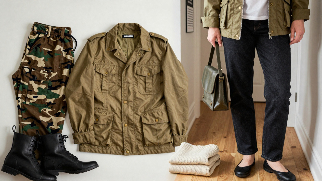 Casual outfit with camouflage trousers, khaki jacket, black boots, and folded knitwear on wooden floor.
