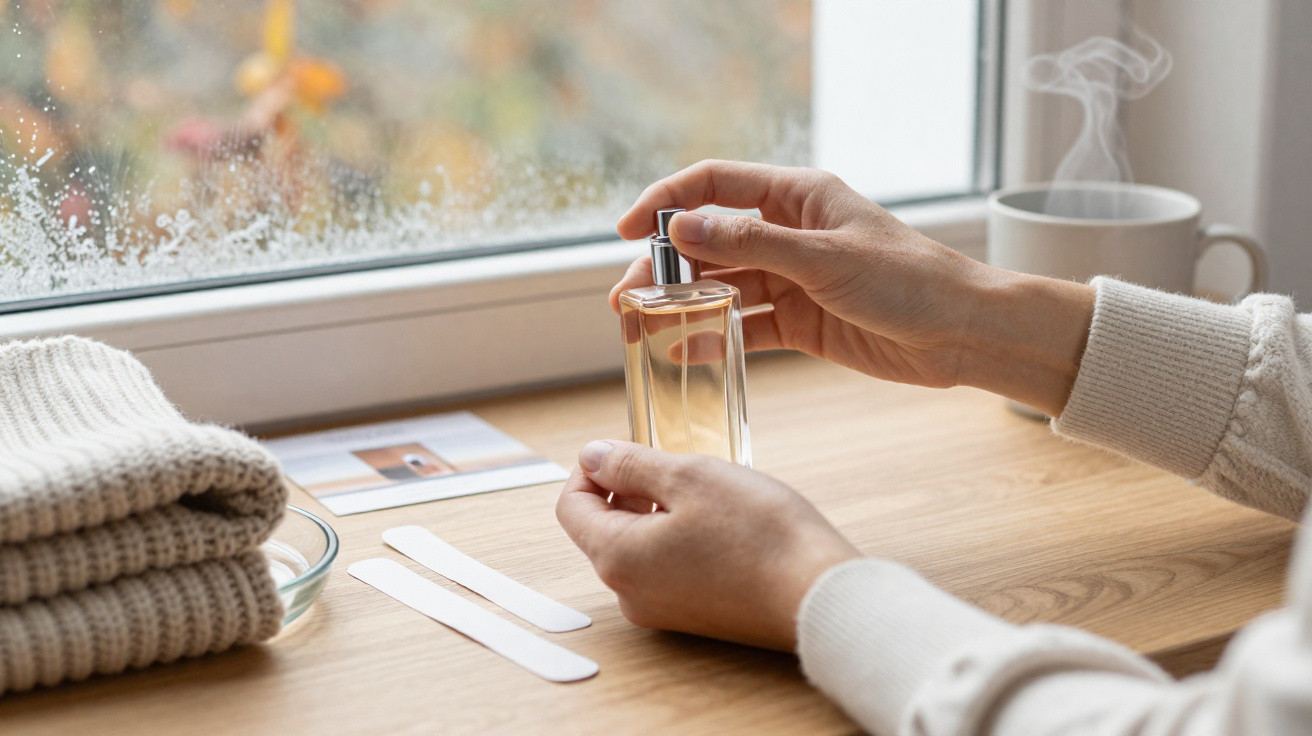 Person holding a perfume bottle by a window with a steaming mug and folded knitwear on the table.