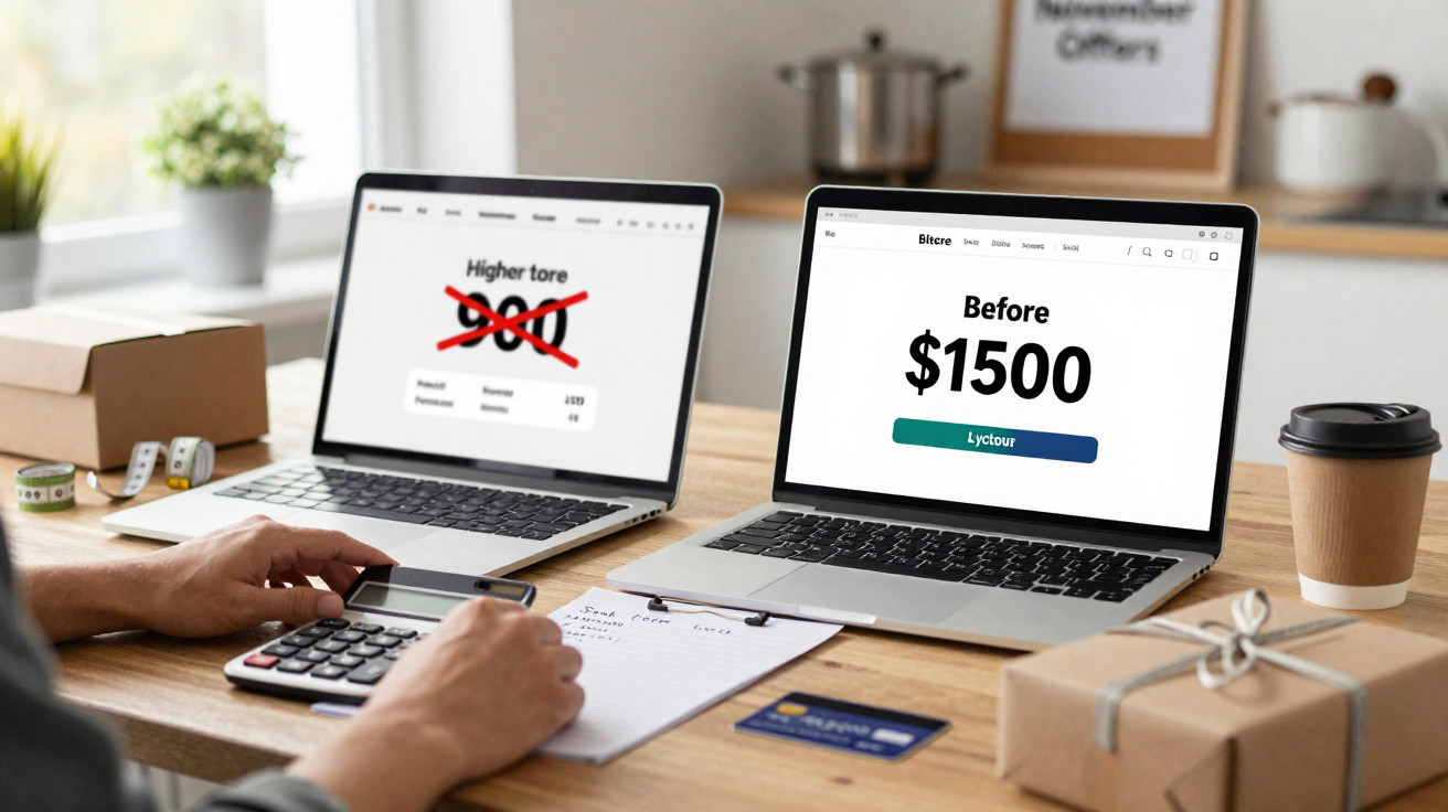 Two laptops on a desk showing price comparison with person using calculator and writing notes nearby.