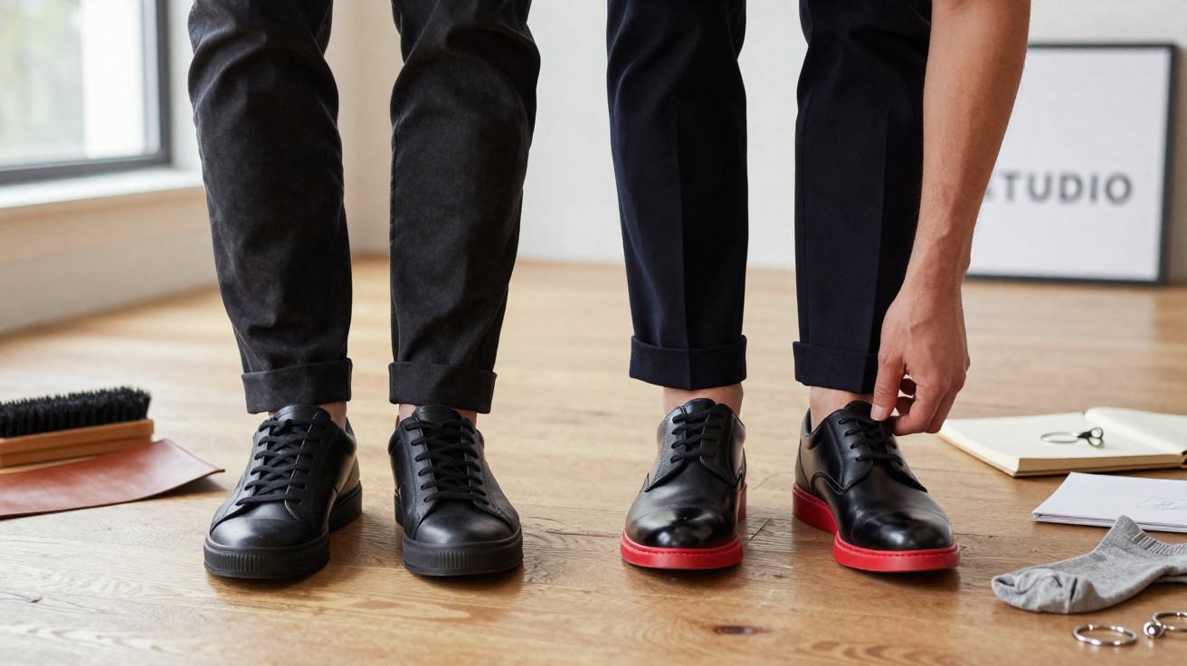 Two people standing on a wooden floor, one tying laces of black shoes with red soles, the other wearing black sneakers.