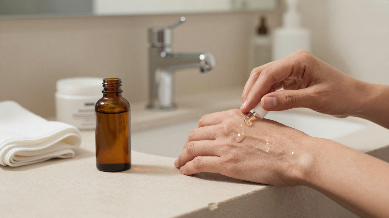 Person applying clear facial serum with dropper onto the back of their hand on a bathroom counter.