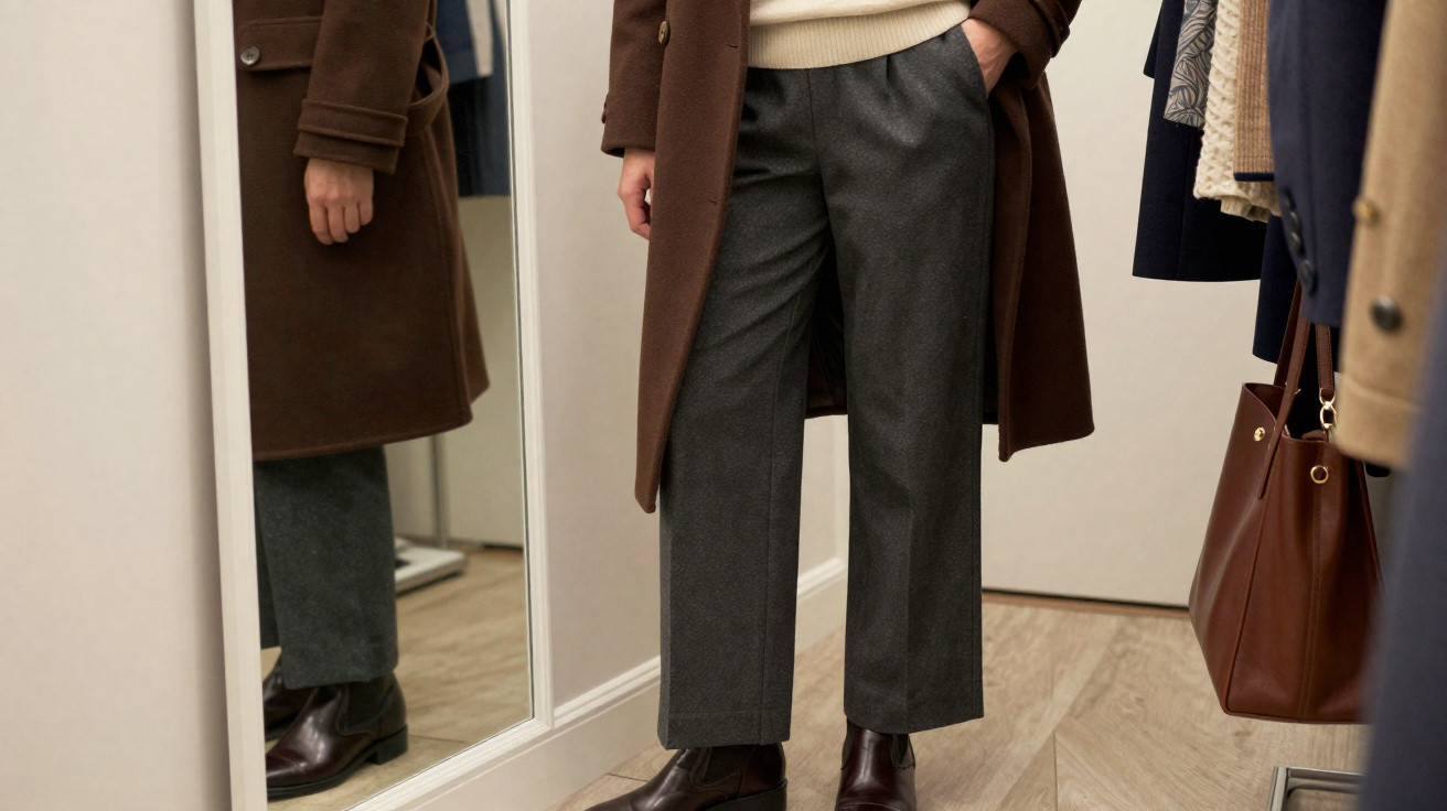 Person wearing brown coat, grey trousers, and dark brown boots standing near mirror in a dressing room.