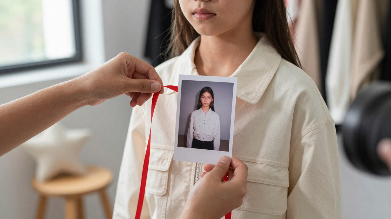 Hands holding a photo of a woman wearing a cream jacket, matching the jacket worn by the person in the background.