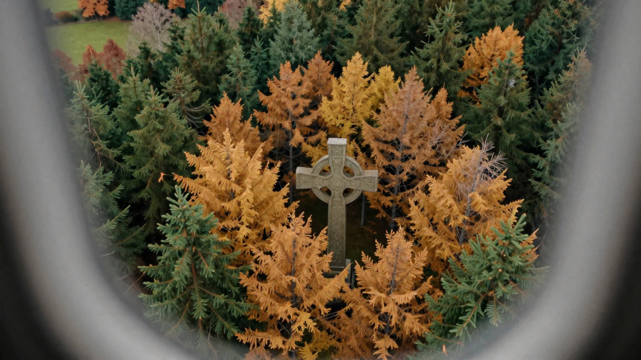 Stone Celtic cross surrounded by green and orange autumn trees, viewed through a grey circular frame.