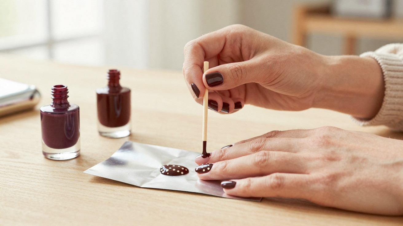 Hands painting white polka dots on dark brown nail polish using a toothpick on a wooden table.