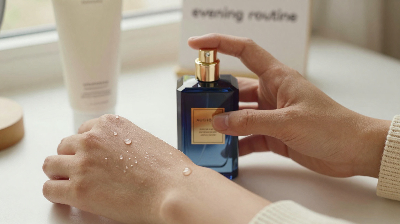 Person spraying blue perfume bottle onto hand with water drops on skin, next to skincare products on table.