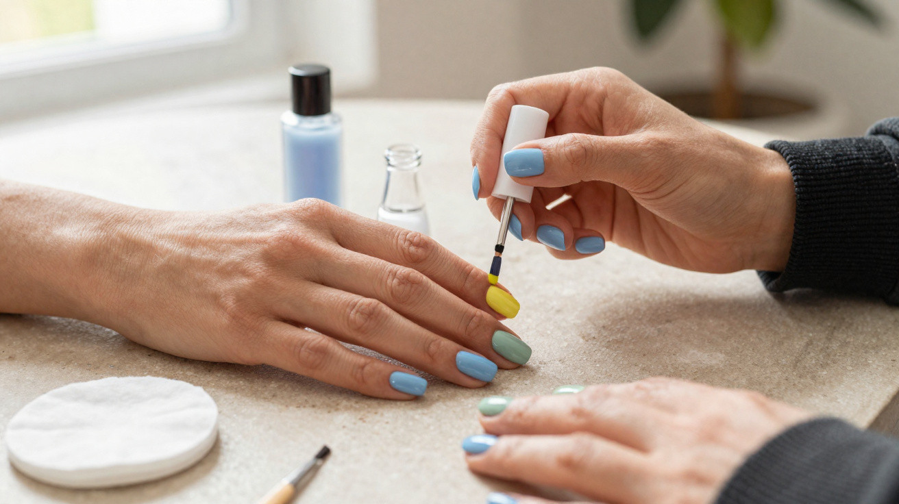 Person painting a fingernail yellow during a manicure with blue and green painted nails nearby.