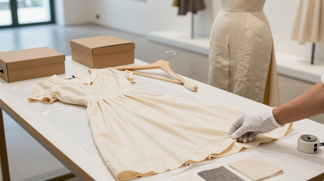 Person wearing white gloves examining a cream dress laid out on a table next to boxes and fabric swatches.