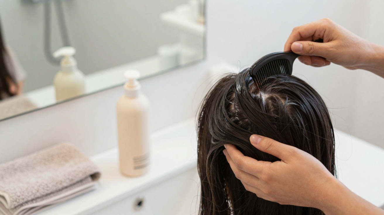 Person combing wet dark hair in front of bathroom mirror with towel and bottle on sink counter.