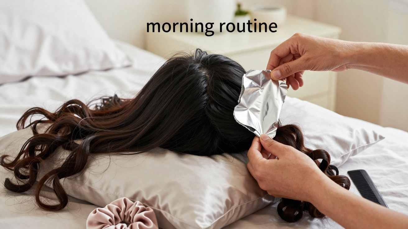 Hands applying a foil strip to dark curly hair on a pillow with text "morning routine" above.
