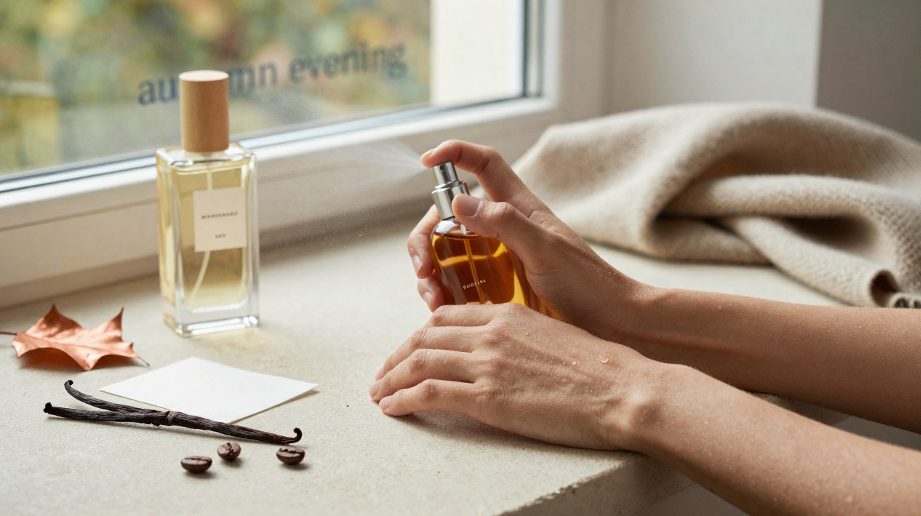 Person spraying amber perfume on wrist next to vanilla pods, coffee beans, autumn leaf and bottle on windowsill.