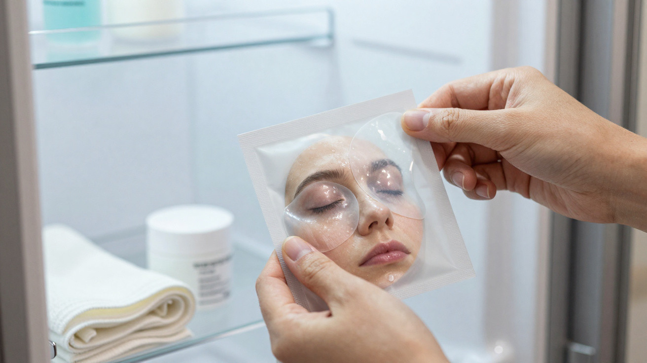 Hands holding a transparent eye mask patch over a facial image inside a skincare product package near a towel and jar.