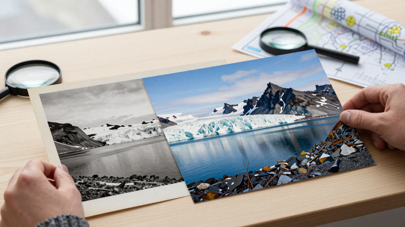 Hands holding two photos of the same icy mountain landscape, one black and white and one in colour.
