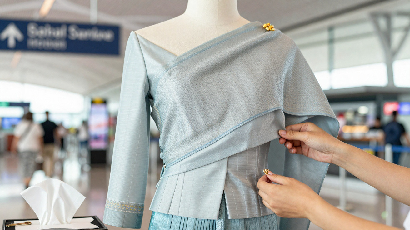 Hands adjusting a light blue traditional dress displayed on a mannequin in a busy indoor setting.