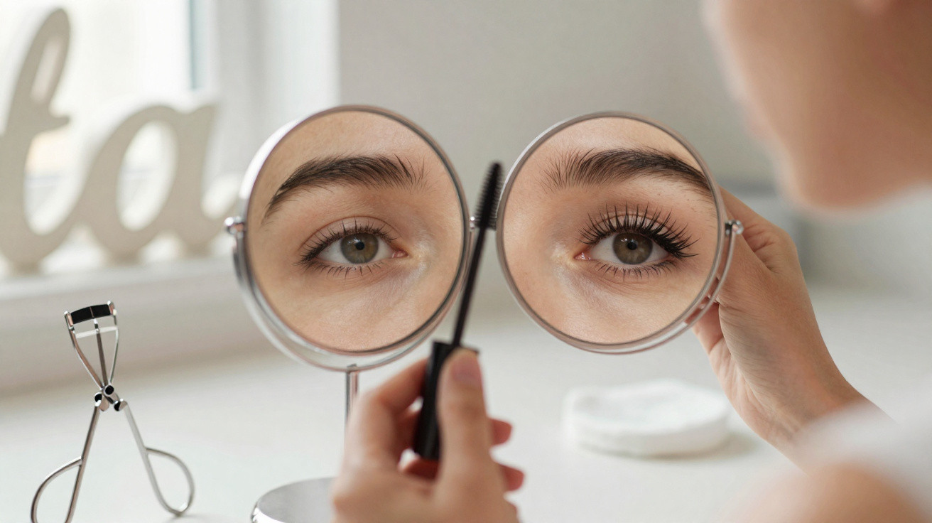 Close-up of a woman applying mascara with a dual mirror reflecting her natural and made-up eyelashes.