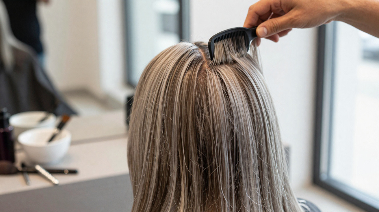 Hand combing long blonde hair at the roots in a bright salon with large window and mirror.