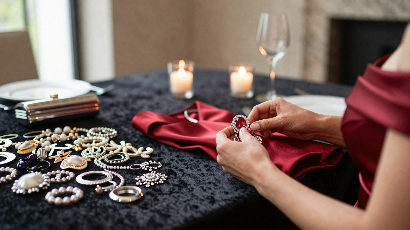 Person holding a jeweled brooch over a red dress on a table with assorted jewellery and candles.