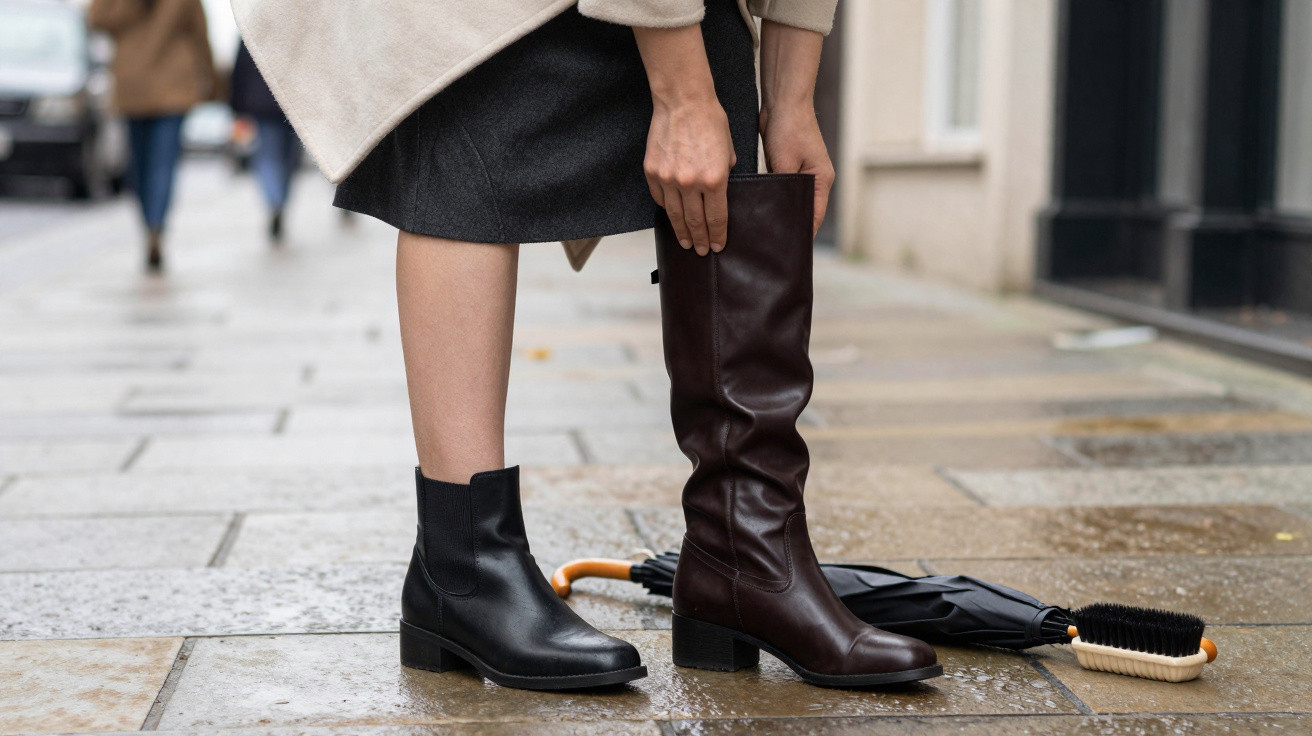 Person on pavement putting on a brown knee-high boot, wearing a black ankle boot on the other foot, umbrella on ground.