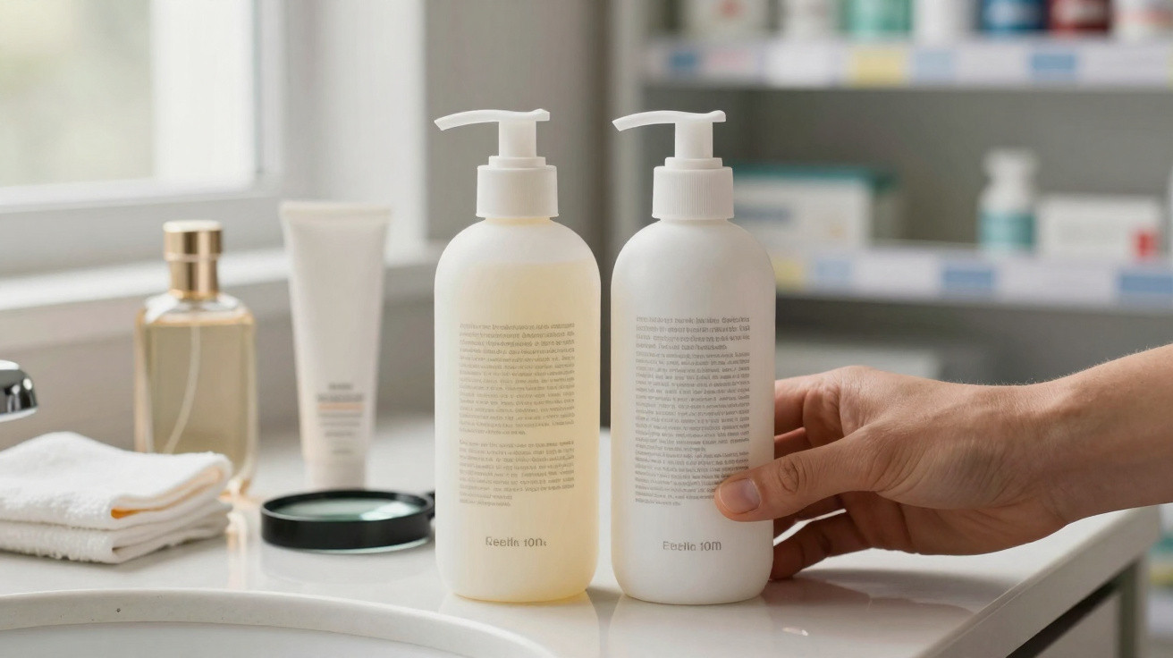 Hand holding a white pump bottle among skincare products on a bathroom counter by a window.