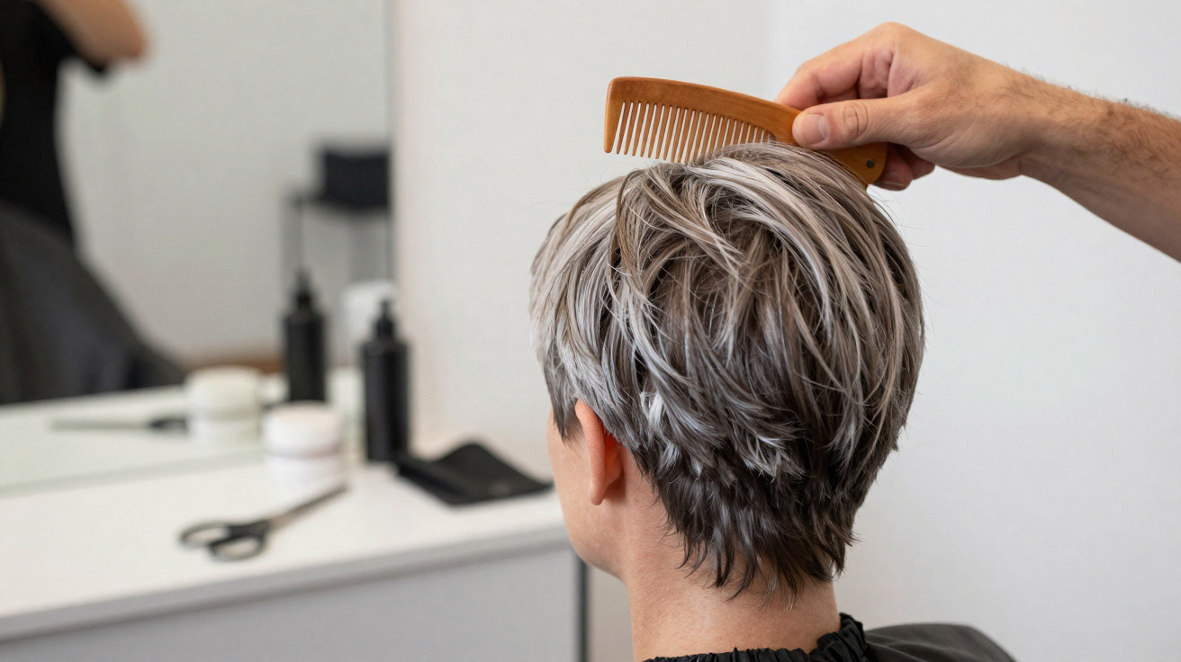 Person with short grey hair being combed with a wooden comb in a hair salon.