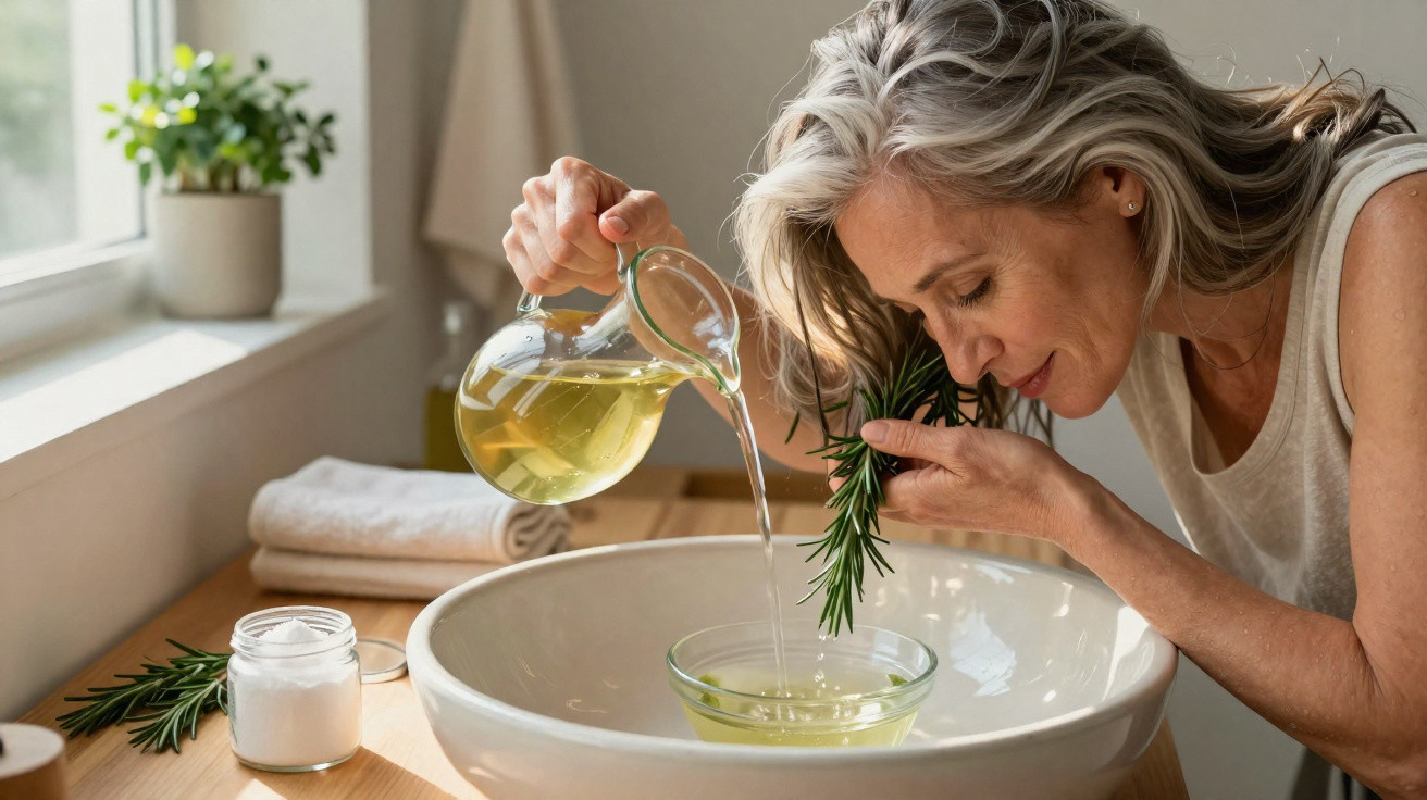 Woman pouring liquid from a glass jug into a bowl while holding and smelling a sprig of rosemary near a sink.